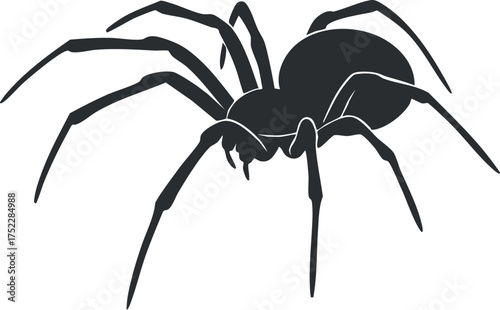 A dark silhouette of a spider with long legs and a rounded body, ideal for various designs.