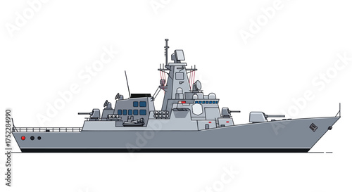 Modern Grey Naval Warship Illustration Side Profile.