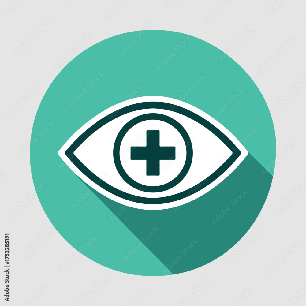 Fototapeta premium Flat Design Eye Icon with Medical Cross in Turquoise Circle for Vision Health