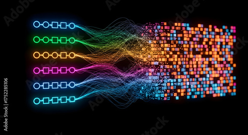 Abstract visualization of data processing, from structured workflow to decentralized blocks