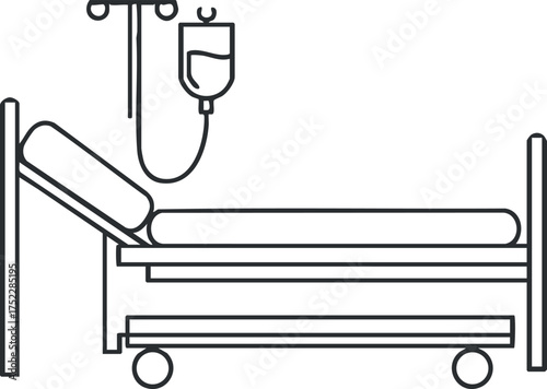 A simple line illustration of a hospital bed with an intravenous drip setup.