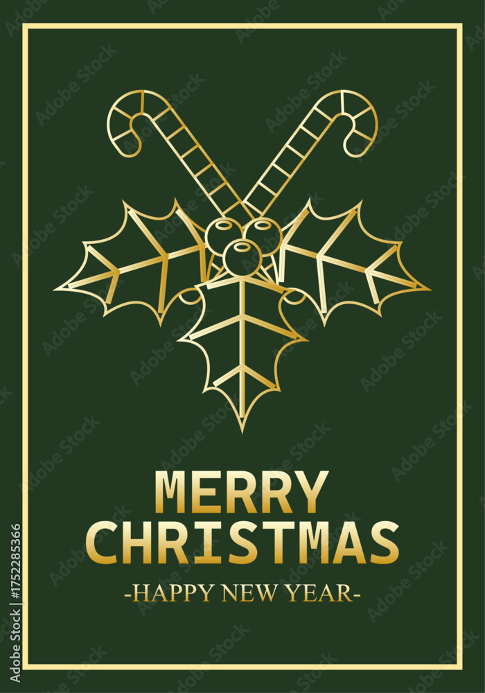 custom made wallpaper toronto digitalFelicitación verde de navidad y año nuevo con acebo y bastones de caramelo en trazo dorado