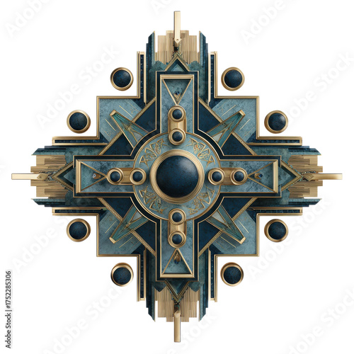 Ornate art deco cross with blue and gold geometric patterns and circular gemstone accents on transparent