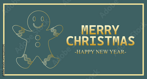 Felicitación de navidad y año nuevo azul grisáceo con galleta de jengibre en trazo dorado