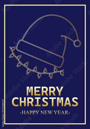 Felicitación azul de navidad y año nuevo con gorro de papa noel y luces de navidad en trazo dorado