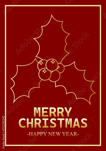Felicitación roja vertical de navidad y año nuevo con acebo en trazo dorado
