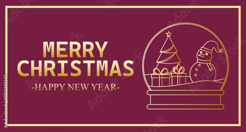Felicitación roja de navidad y año nuevo con bola de cristal y árbol de navidad con regalos en trazo dorado