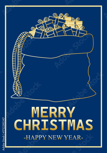 Felicitación de navidad y año nuevo azul con saco de regalos en trazo dorado