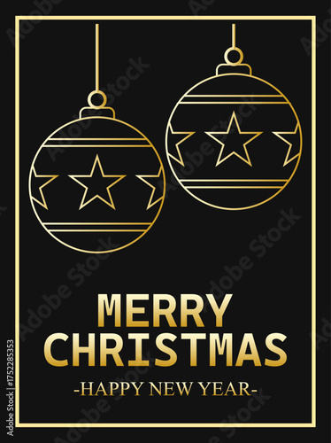Felicitación negra de navidad y año nuevo con bolas de navidad en trazo dorado