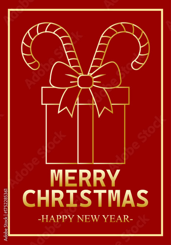 Felicitación roja de navidad y año nuevo con regalo y bastones de caramelo en trazo dorado