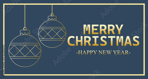 Felicitación azul de navidad y año nuevo con bolas de navidad de trazo dorado