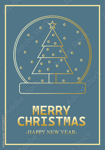 Felicitación de navidad y año nuevo con bola de cristal y árbol de navidad en trazo dorado