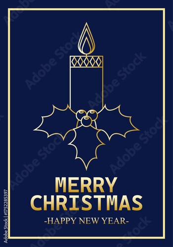 Wallpaper Mural Felicitación de navidad con vela y acebo hecha de trazo dorado en fondo azul oscuro Torontodigital.ca