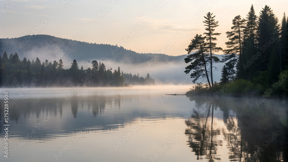 Fototapeta premium Misty morning lake with calm reflective water surface surrounded by pine trees and mountains in soft sunrise light ideal for travel backgrounds and nature wallpapers
