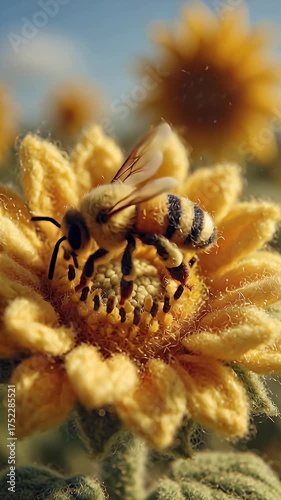 Bee collecting pollen from yellow sunflower in natural daylight