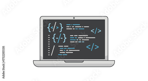Flat vector illustration of a silver laptop computer with programming code on the screen.