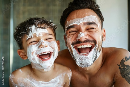 A father and son share a playful shaving moment in the bathroom.