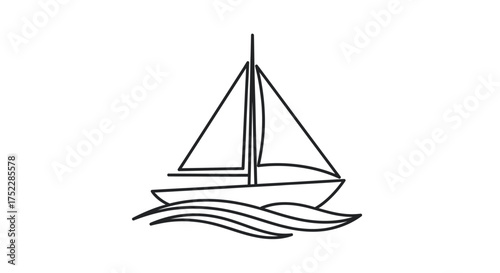Simple Line Art Sailboat on Water Waves.