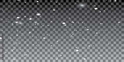 Realistic snowfall background. Snow falling. White falling powder glitter confetti.