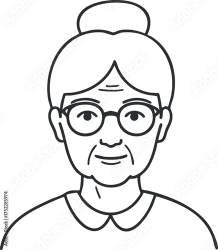 A friendly lineart portrait of an elderly woman with glasses and a warm smile.