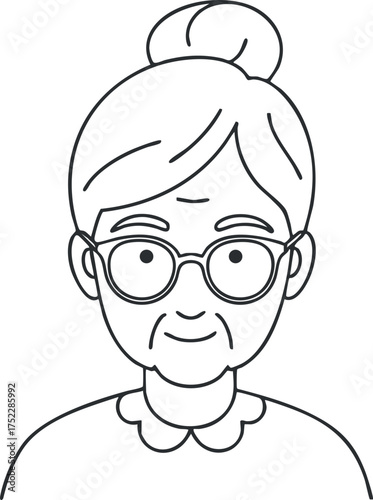 A cartoon illustration of a friendly elderly woman with glasses and a hair bun.