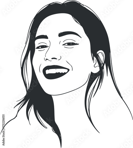 A joyful woman smiling brightly in a black and white illustration capturing her cheerful expression.