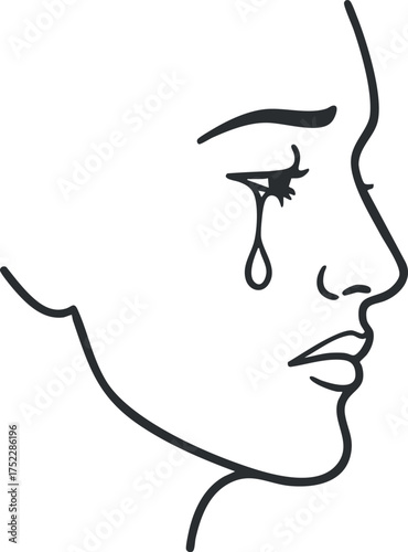 A minimalist line art illustration of a profile view of a sad woman with a tear.