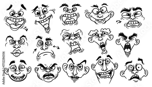 Collection of fifteen black and white cartoon faces with exaggerated expressions and features emotion