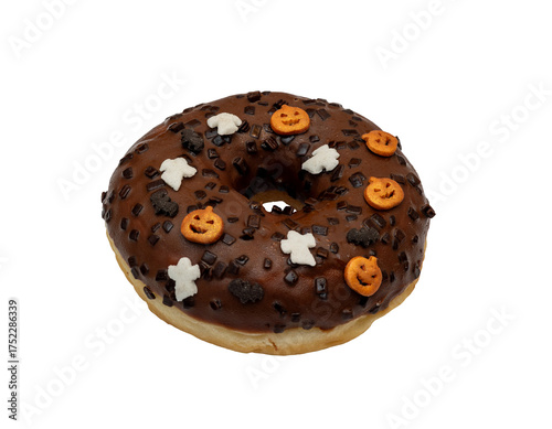Halloween Chocolate Donut with Festive Sprinkles and Decorations isolated on Transparent Background, png