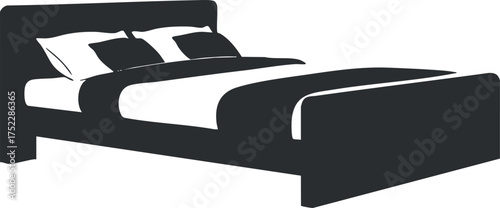 A simple silhouette of a modern bed with pillows and a headboard for interior design.