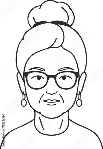 A simple line art portrait of an elderly woman with glasses and a hair bun.