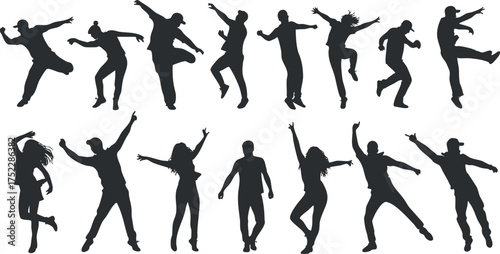 A collection of dynamic dance silhouettes showcasing various poses and movements in energetic styles.