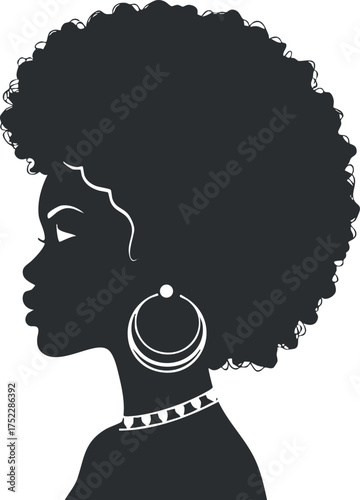 A stylish silhouette of a woman with an afro hairstyle and elegant accessories.