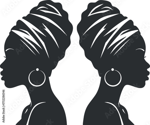 Elegant silhouette of two women with headwraps showcasing beauty and cultural heritage in profile.