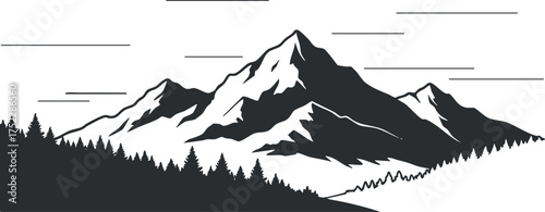 A stunning silhouette of mountains and forest against a serene sky in black and white.