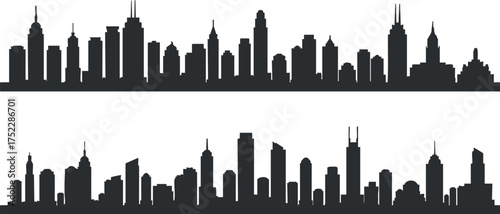 Silhouette of two city skylines showcasing various architectural styles and urban landscapes.