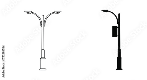 Simple illustration depicting two different styles of street lamps in black
