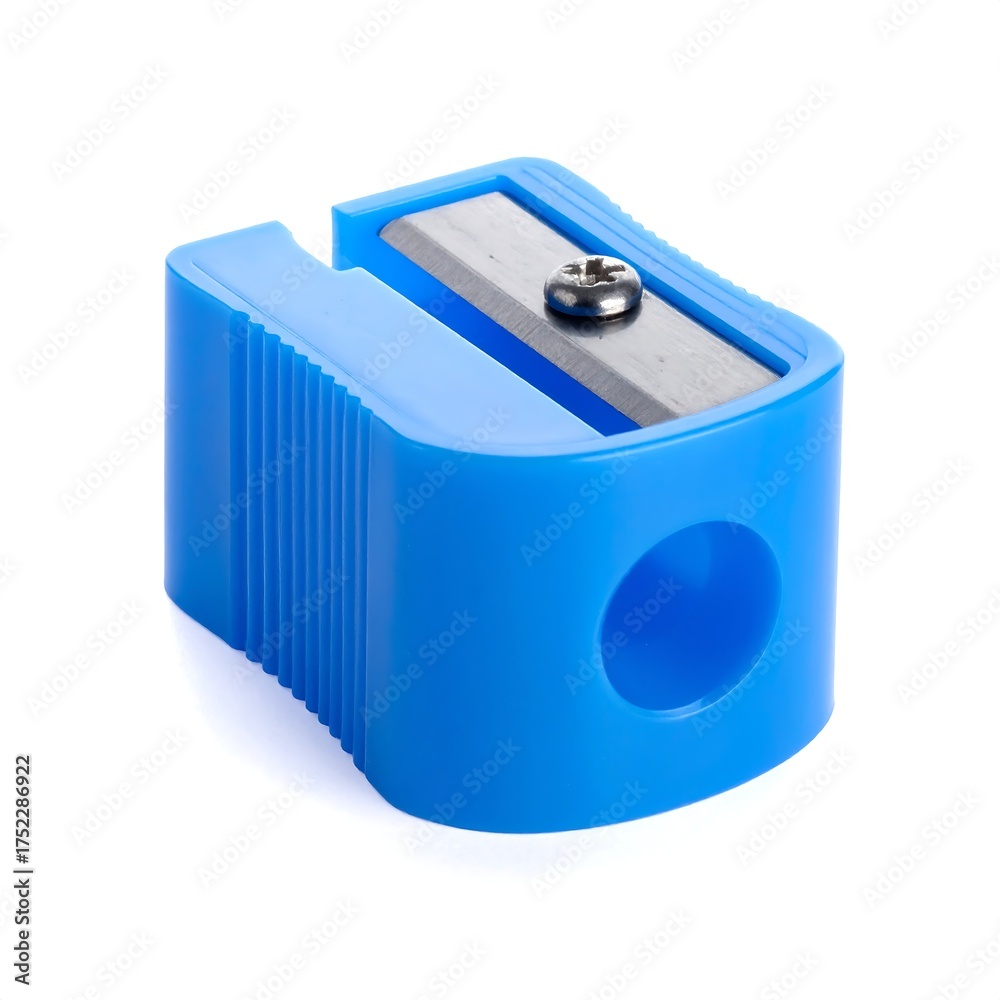 Fototapeta premium A close-up studio shot depicts a blue plastic pencil sharpener against a plain white background