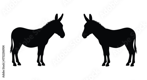 Two black silhouettes of donkeys facing each other simple graphic design