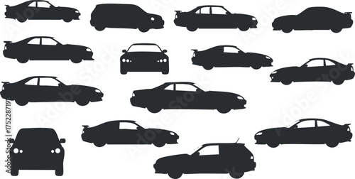 A collection of black silhouettes of various car types including sedans SUVs and sports cars.