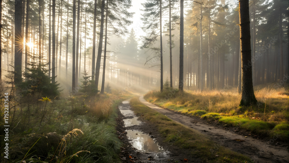 Fototapeta premium Scenic forest path with sunlight streaming through tall trees and mist in morning atmosphere symbolizing tranquility, exploration, nature beauty and environmental calm concept