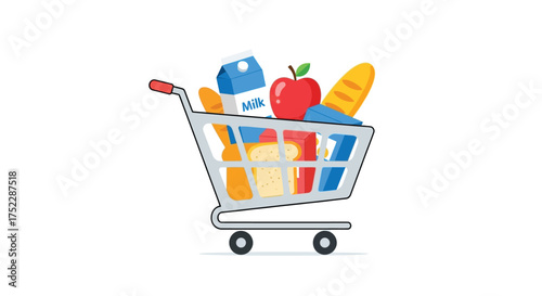 Shopping Cart Full of Groceries Vector Illustration for Online Store
