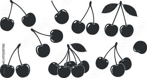 A collection of black silhouette illustrations of cherries with leaves and stems.