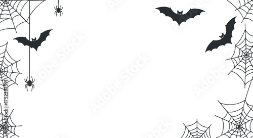 A spooky Halloween-themed illustration featuring bats, spiders, and spider webs on a white background.