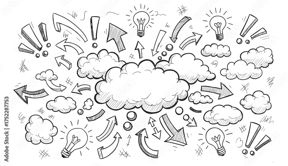 Obraz premium Hand drawn sketch of light bulbs arrows clouds and exclamation marks on white background drawing doodle