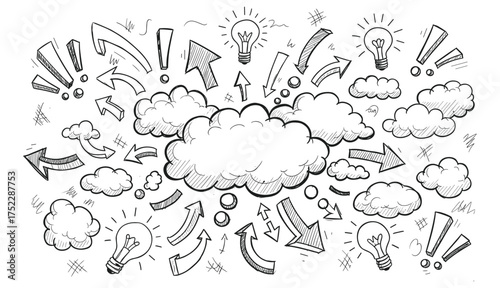 Hand drawn sketch of light bulbs arrows clouds and exclamation marks on white background drawing doodle