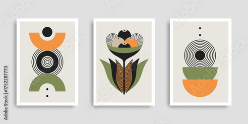 Geometric wall art set with abstract shapes, circles and floral elements in orange, green and black tones. Minimalist mid-century style posters perfect for home decor, interior design and prints.