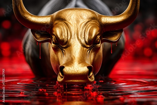 Golden bull head emerging from blood water