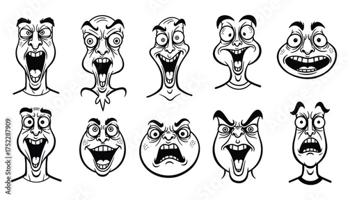 Ten cartoon faces with exaggerated expressions and wide open mouths in black and white line art vector