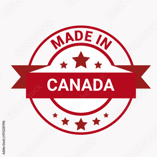Vector art of a vibrant, eyecatching emblem showcasing the phrase made in canada in bold, white letters against a striking red banner, this emblem is further adorned with stars